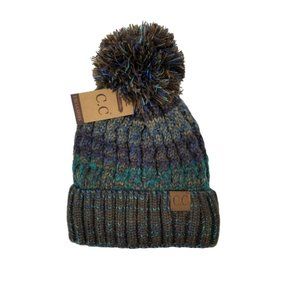 CC C.C Multicolor Teal Fuzzy Lined Pom Beanie Hat
